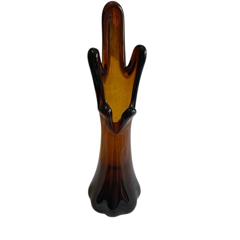 Vintage MCM Five Finger Rootbeer Glass Swung Vase 10 1/2”. CC